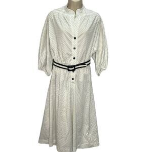 Vintage Amy Deb Secretary Dress White Navy-Blue Dot Size 18/L Belt Midi A-Line